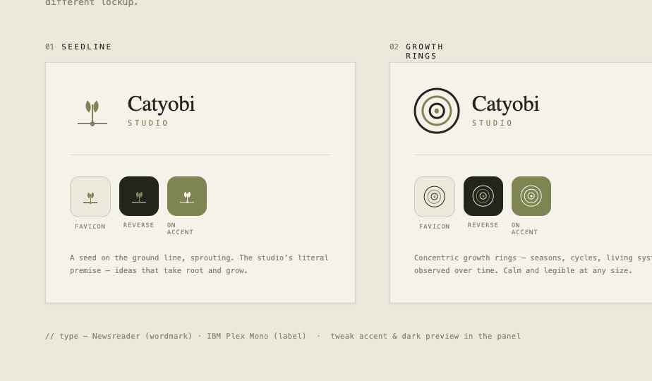 Logo directions — System (five nodes around a core) and Monogram (a C cradling a seed)