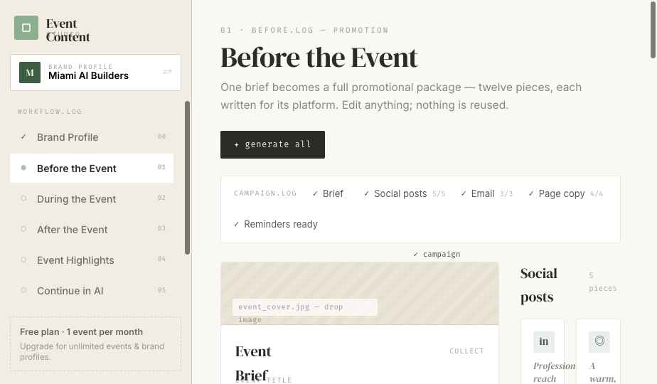 Event OS — the Before the Event stage: one brief generating a full promotional package