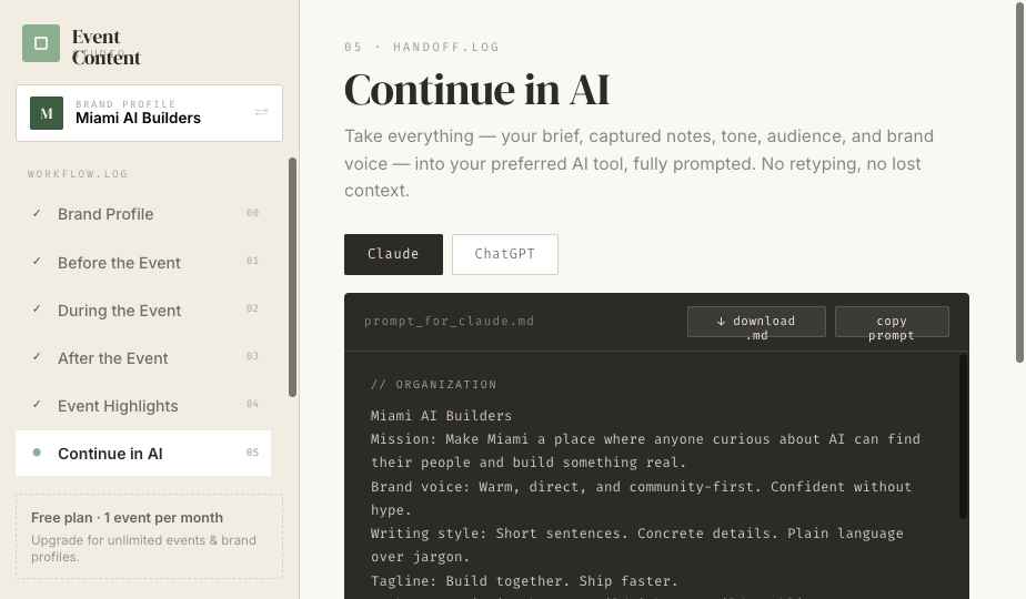 Continue in AI — everything exported, fully prompted into Claude or ChatGPT