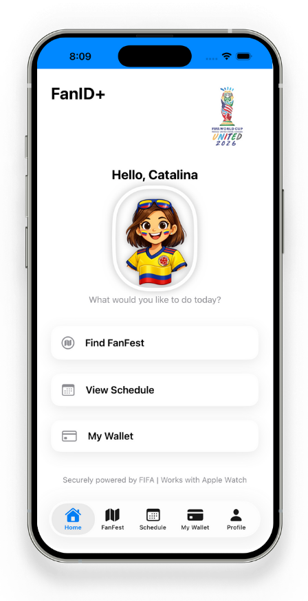 FanID+ home screen — Find FanFest, View Schedule, and My Wallet, connected to a FIFA Fan ID