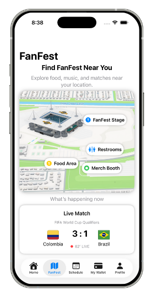 FanFest — a live map of stages, food, restrooms, and merch with a live match card