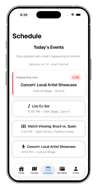 Schedule — today's events with a live 'happening now' card