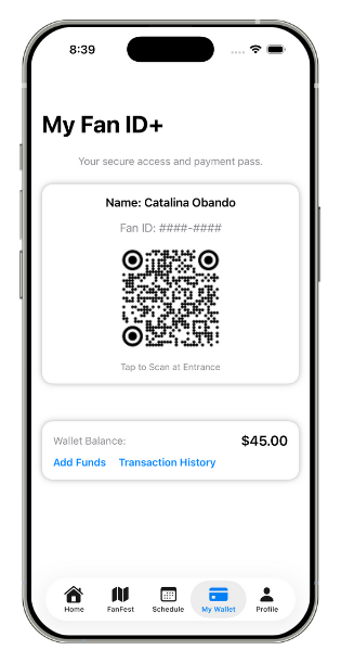 My Fan ID+ — a scannable access pass plus wallet balance