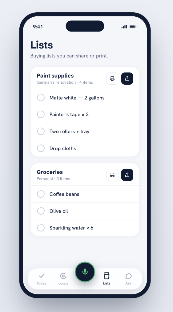 Lists — buying lists you can share or print
