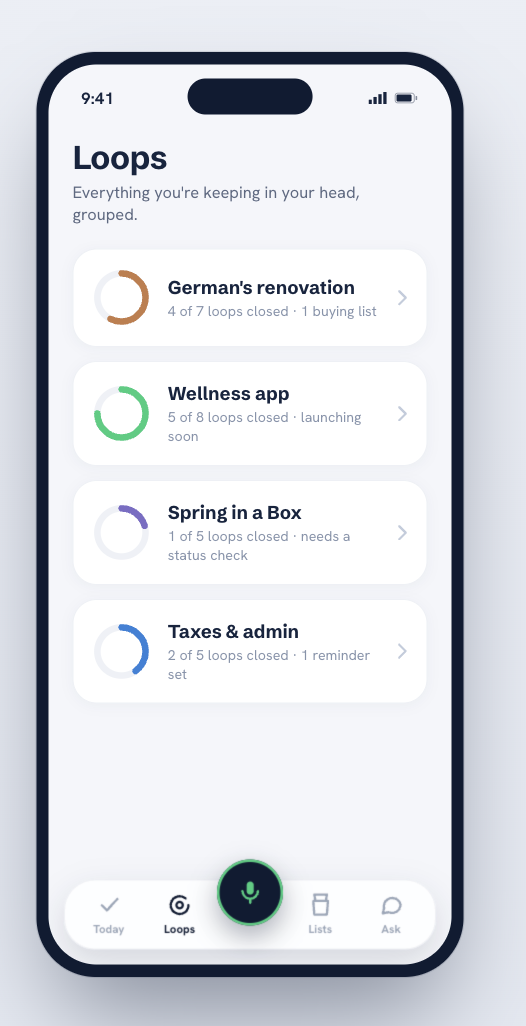 Loops — projects grouped with progress rings