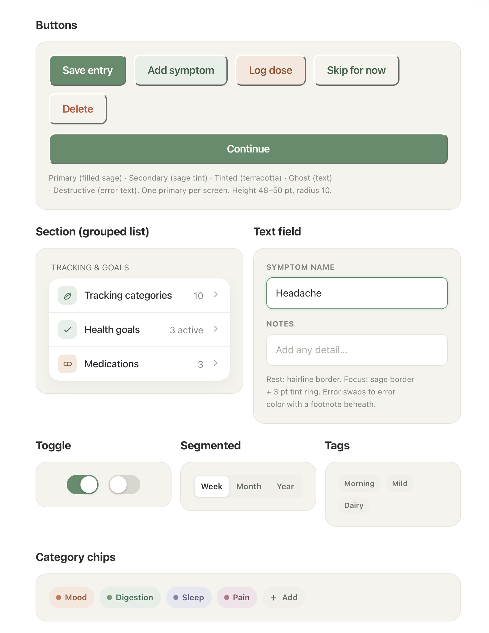 Signals component sheet — buttons, grouped lists, text fields, toggles, segmented controls, tags, and category chips