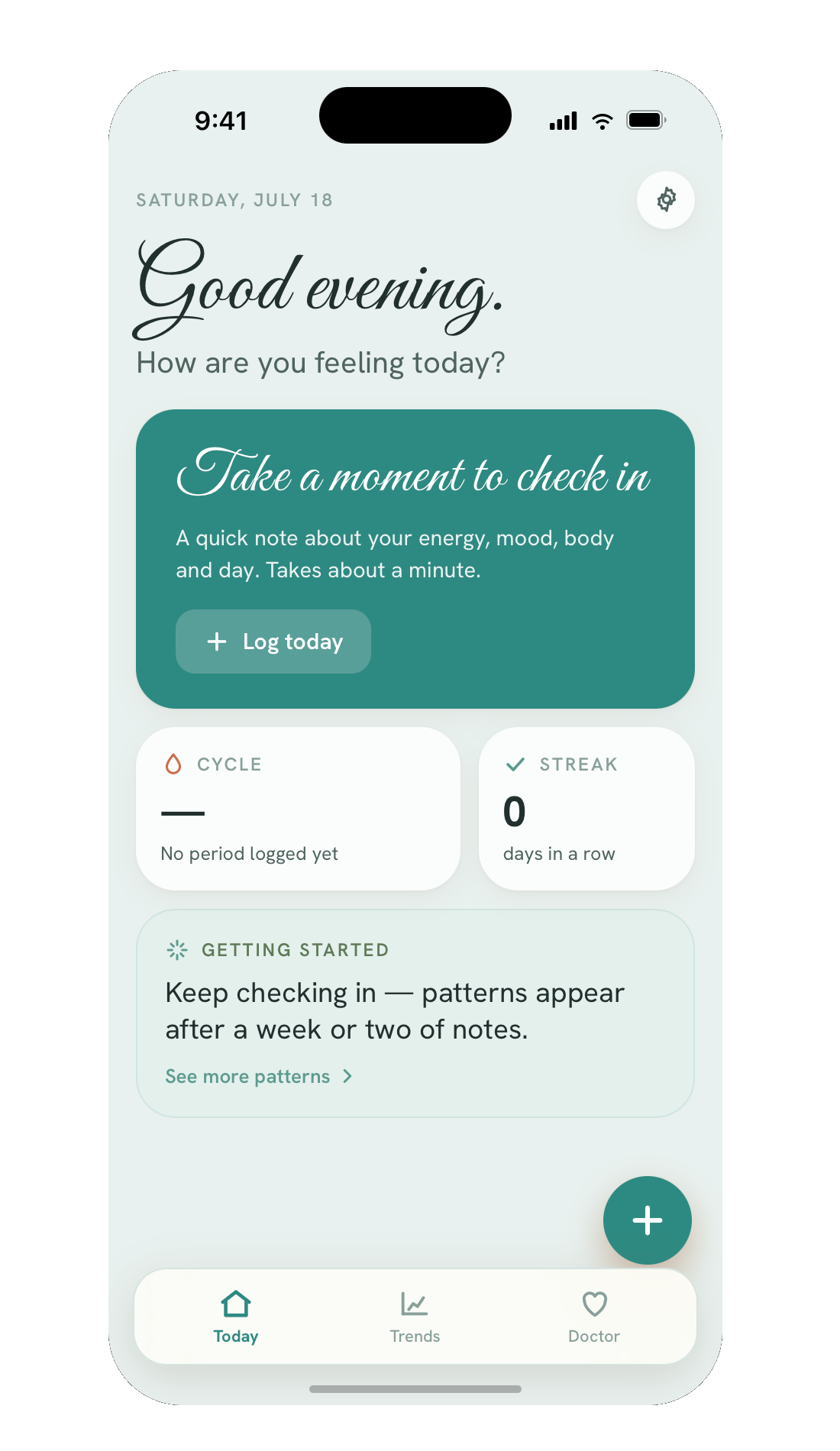 An early Signals home screen — script headings, a teal check-in card, and cycle/streak tiles