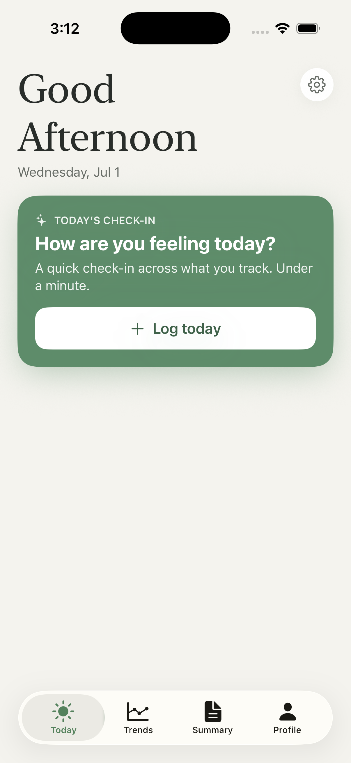 Signals — the Today home screen with a daily check-in card