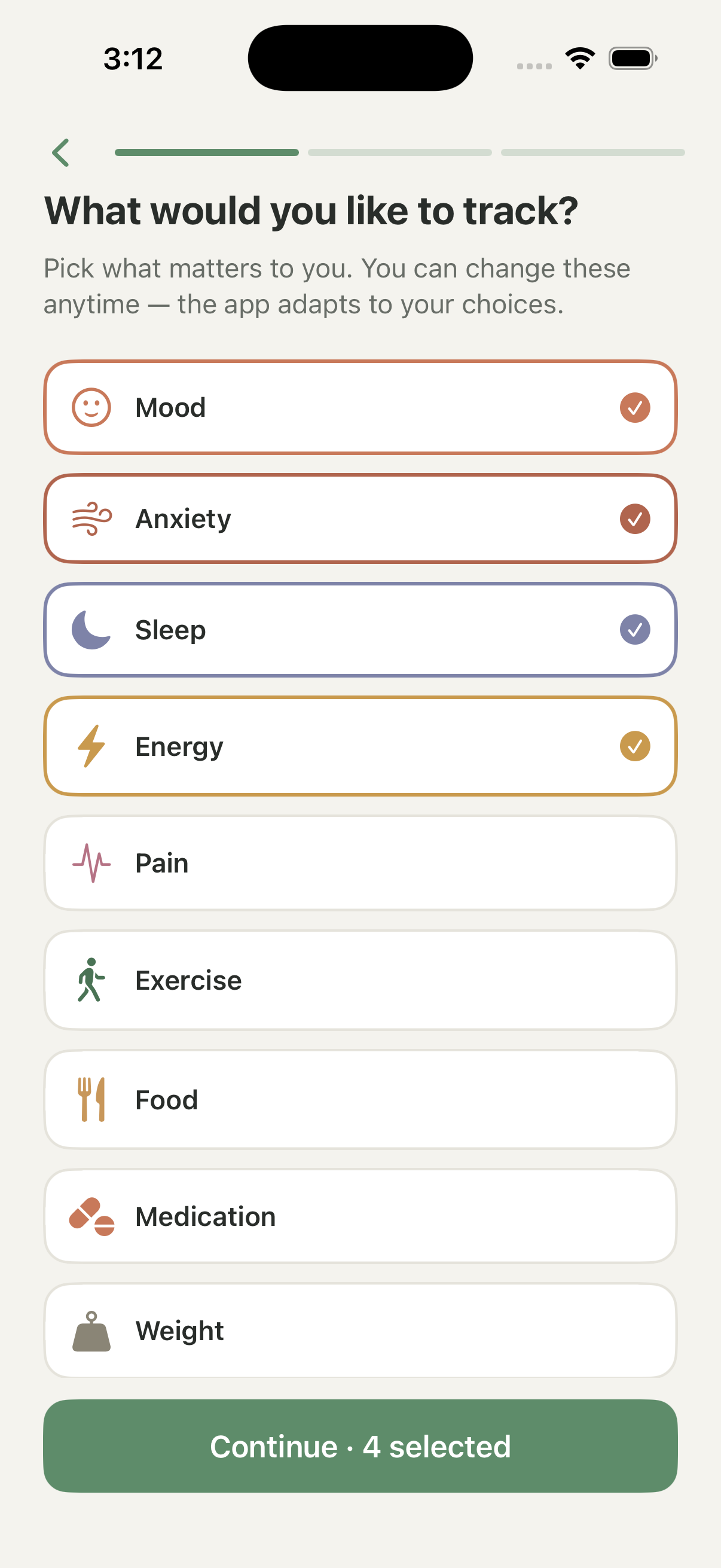 Choose what to track — tracking categories