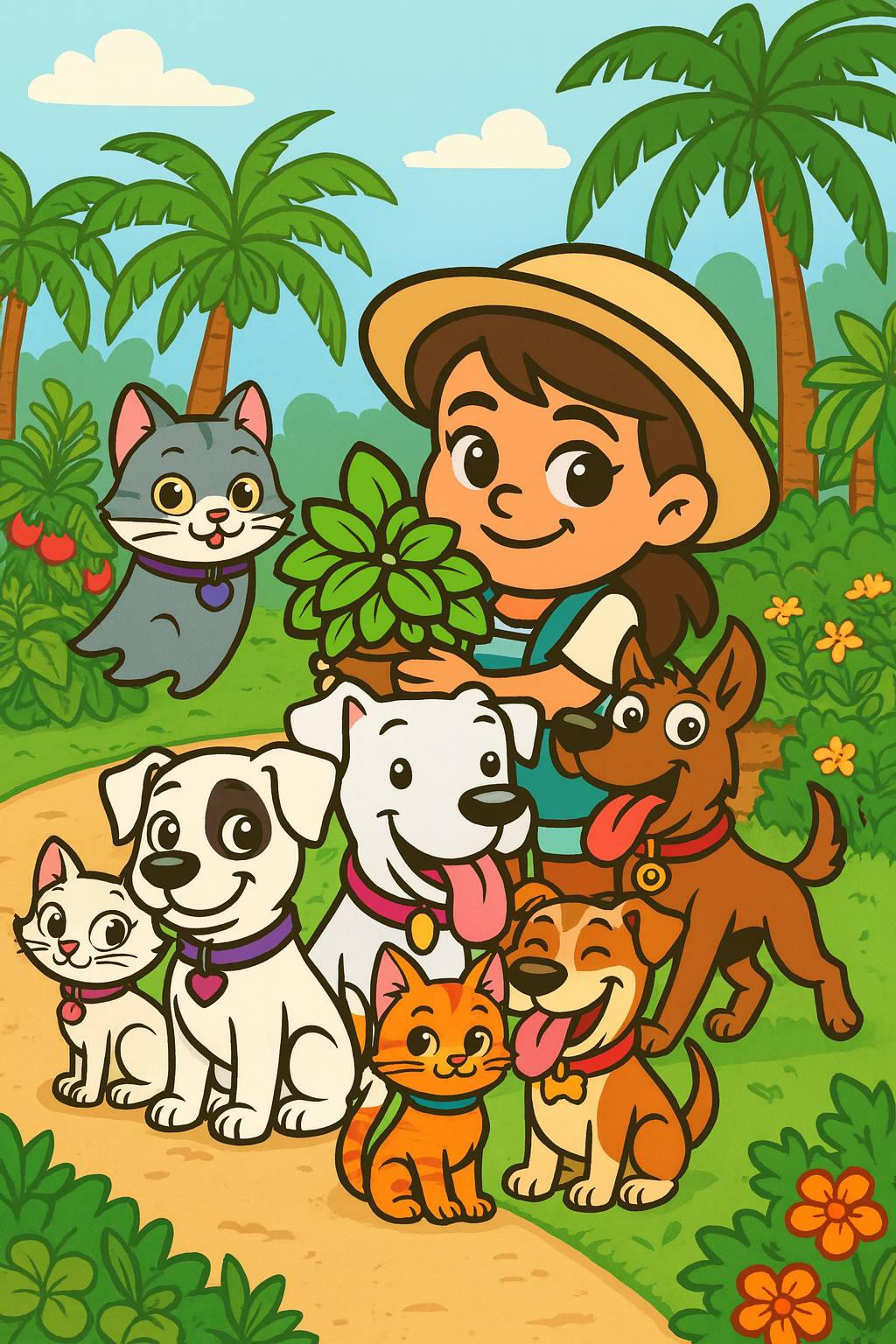 Spring in a Box Farm key art — Catalina and her rescue animals in the garden