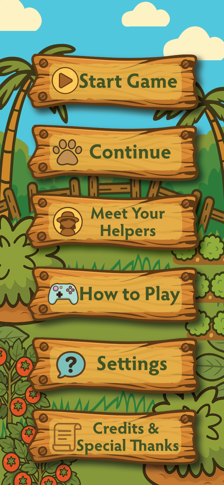 Main Menu — wooden signpost buttons: Start Game, Continue, Meet Your Helpers, How to Play, Settings, Credits