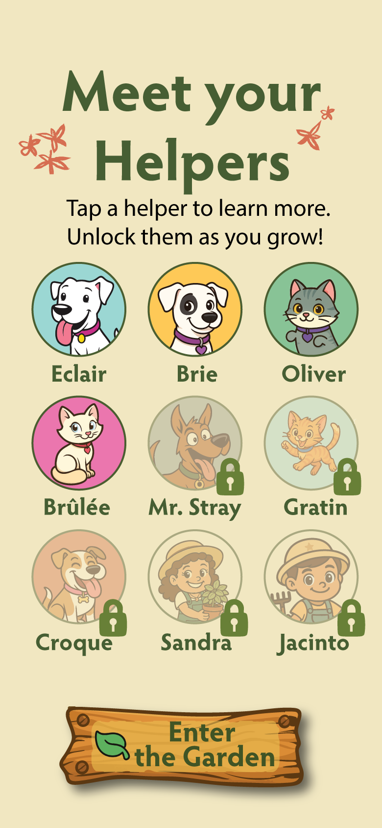 Meet Your Helpers — a grid of character portraits, some locked until you grow