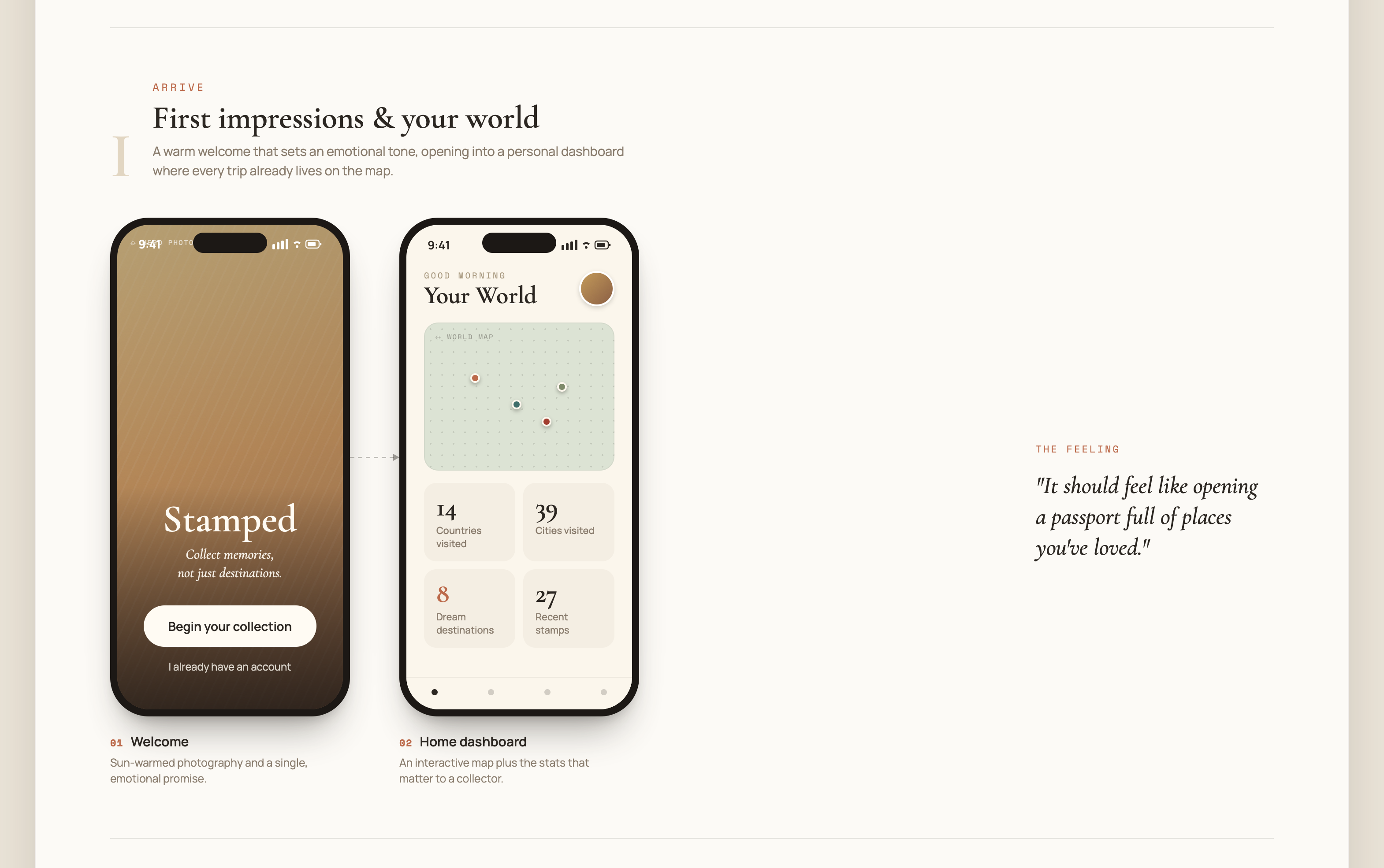 Stamped — Arrive: a warm welcome screen and the 'Your World' home dashboard with a map and travel stats