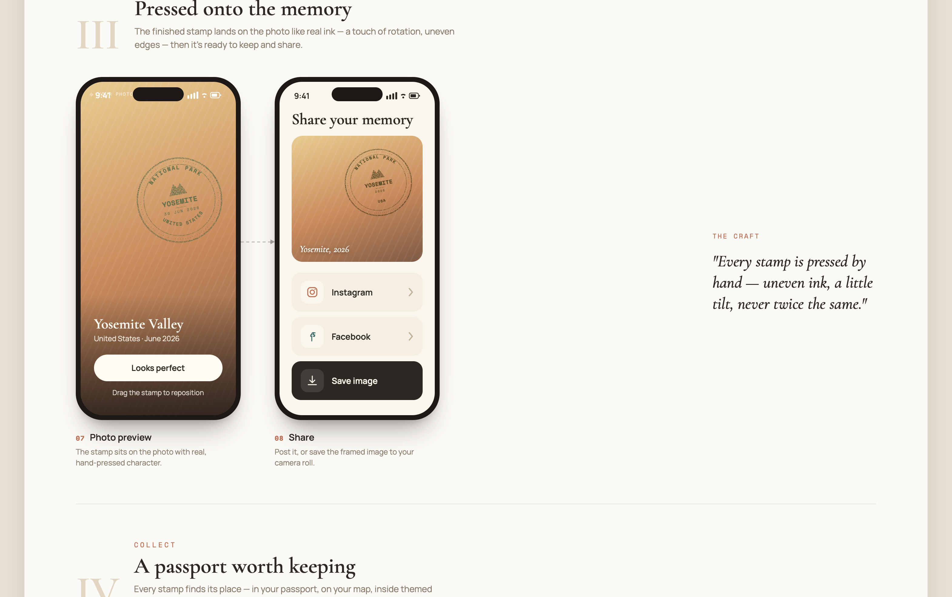 Keep — the finished stamp is pressed onto the photo with real, hand-pressed character, then previewed and shared