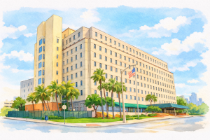 Watercolor illustration of the Miami criminal courthouse on a bright day, with palm trees in front and a blue sky overhead.