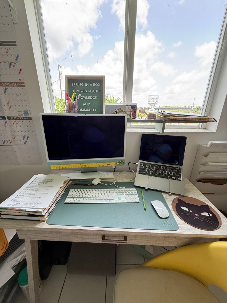 A quiet workspace with a desk, computer, laptop, notebooks, and soft natural light from a window overlooking open fields.