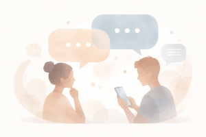 Illustration of two people in quiet conversation with abstract chat bubbles, representing human-centered artificial intelligence and ethical dialogue.