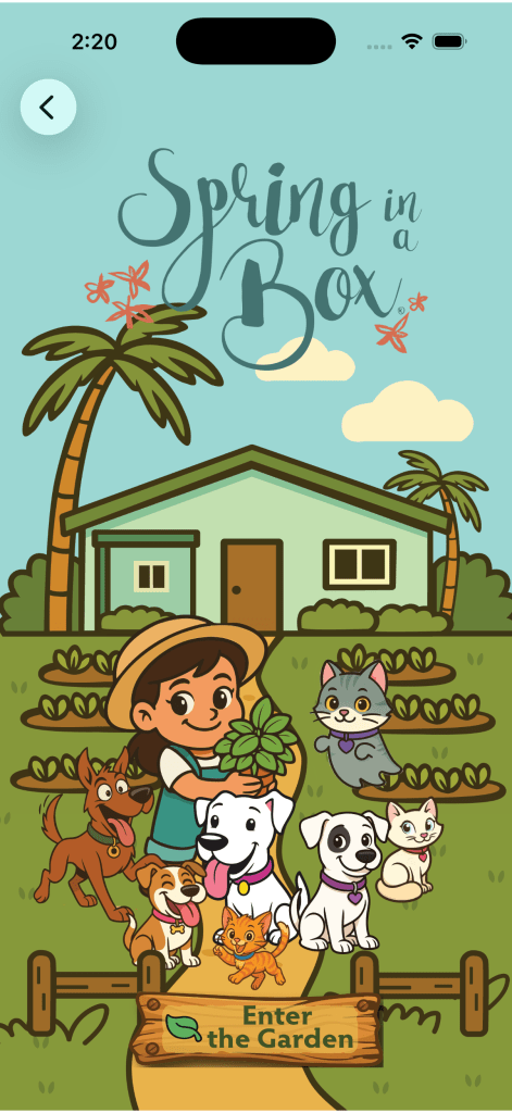 Illustration of a woman and her pets standing in front of a small farm house with plants and trees, from the Spring in a Box Farm Game.